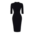 Mock neck ribbed knit bodycon midi dress in black, front flat