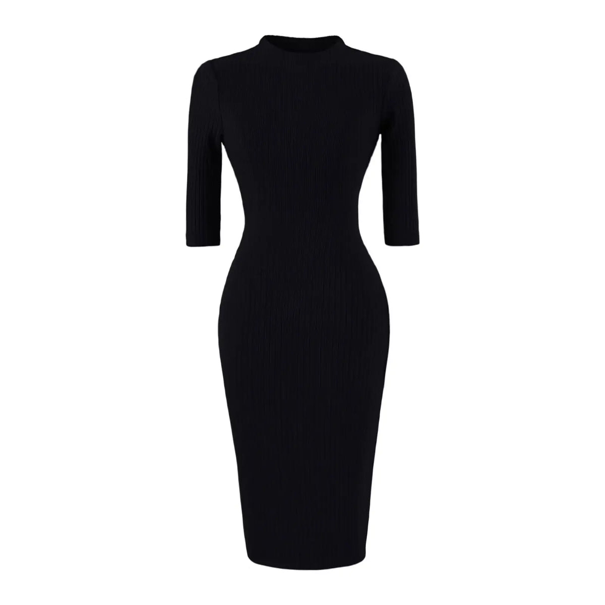 Mock neck ribbed knit bodycon midi dress in black, front flat