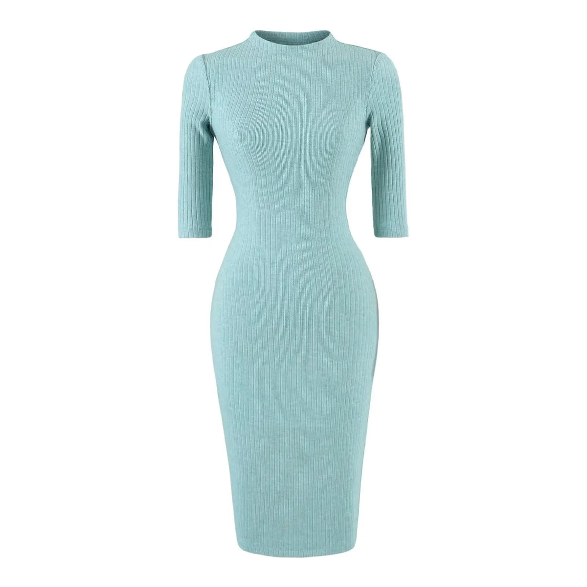 Mock neck ribbed knit bodycon midi dress in blue, front flat