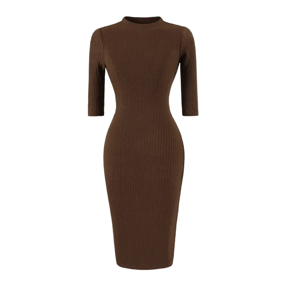 Mock neck ribbed knit bodycon midi dress in brown, front flat