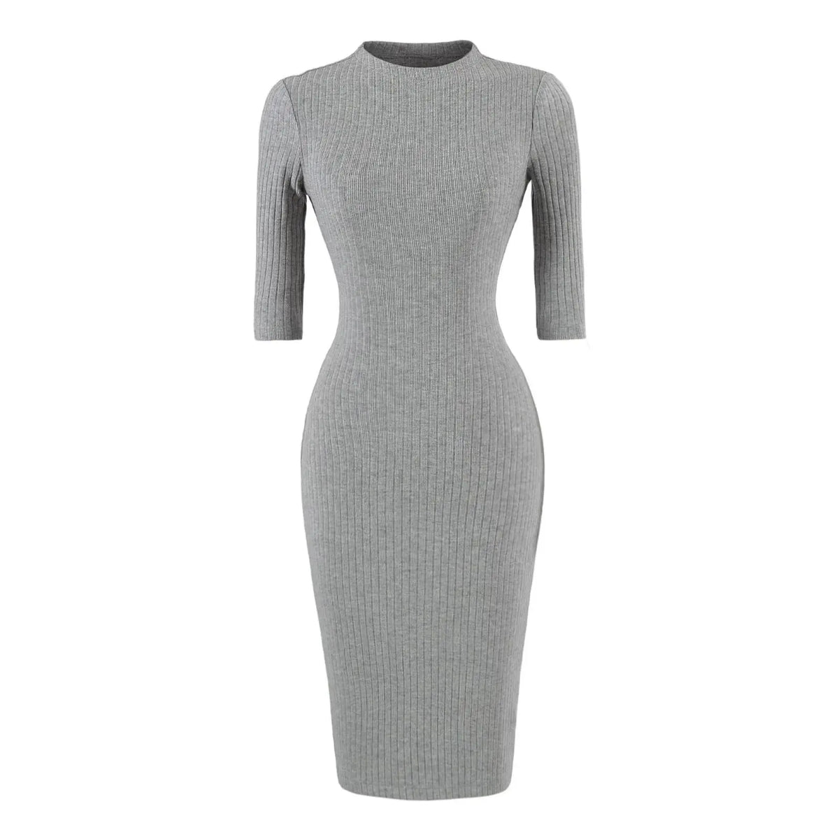 Mock neck ribbed knit bodycon midi dress in grey, front flat