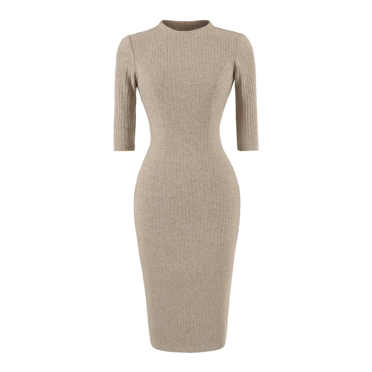 Mock neck ribbed knit bodycon midi dress in khaki, front flat