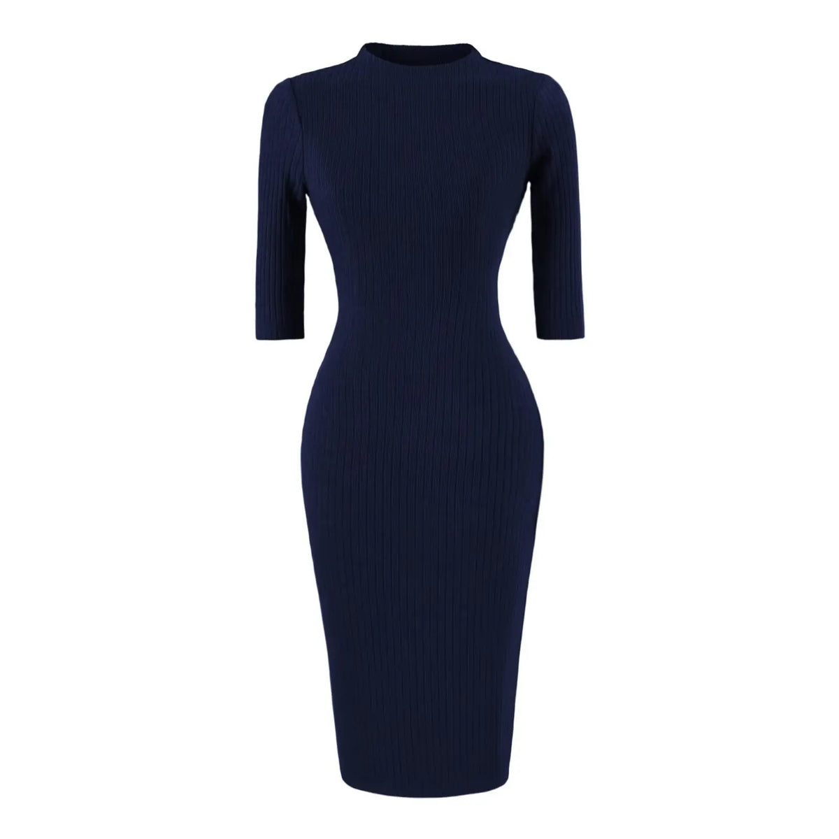 Mock neck ribbed knit bodycon midi dress in navy, front flat