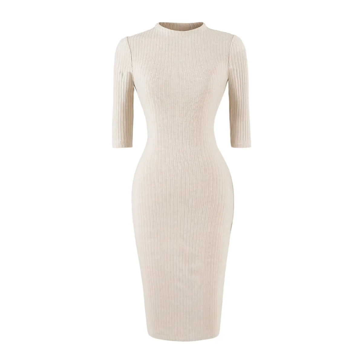 Mock neck ribbed knit bodycon midi dress in oat, front flat