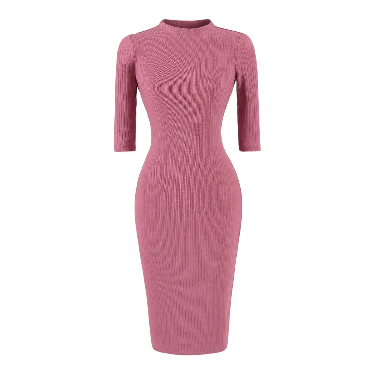 Mock neck ribbed knit bodycon midi dress in rose, front flat