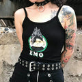 Back pose model wearing black cartoon graphic slim spaghetti strap crop cami tank