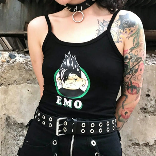 Back pose model wearing black cartoon graphic slim spaghetti strap crop cami tank