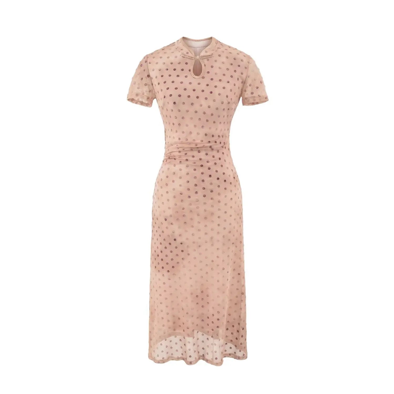 Straight front white background shot of blush pink mesh cheongsam midi dress, classic keyhole frog collar short sleeves fitted ruched waist
