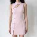 Full body model photo of women's light pink sleeveless slim fit cheongsam mini dress with side slit and front frog buttons