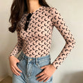 Nude base black crescent moon print slim fit long sleeve crew neck sheer mesh top, women casual basic layering tee | Detail