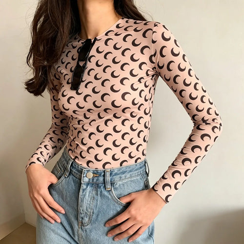 Nude base black crescent moon print slim fit long sleeve crew neck sheer mesh top, women casual basic layering tee | Detail