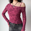Torso front shot mulberry pink floral flock mesh long sleeve top asymmetrical cold shoulder design