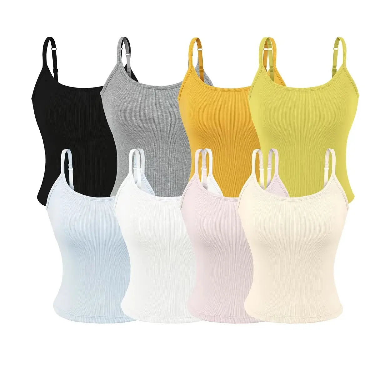 Comparison shot of multi-color ribbed camisoles with adjustable straps and lace backs on white background