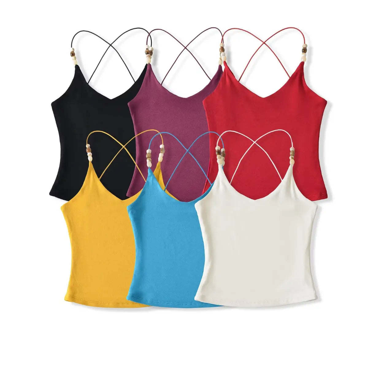 Comparison shot of multi-color ribbed camisoles with beaded straps on white background