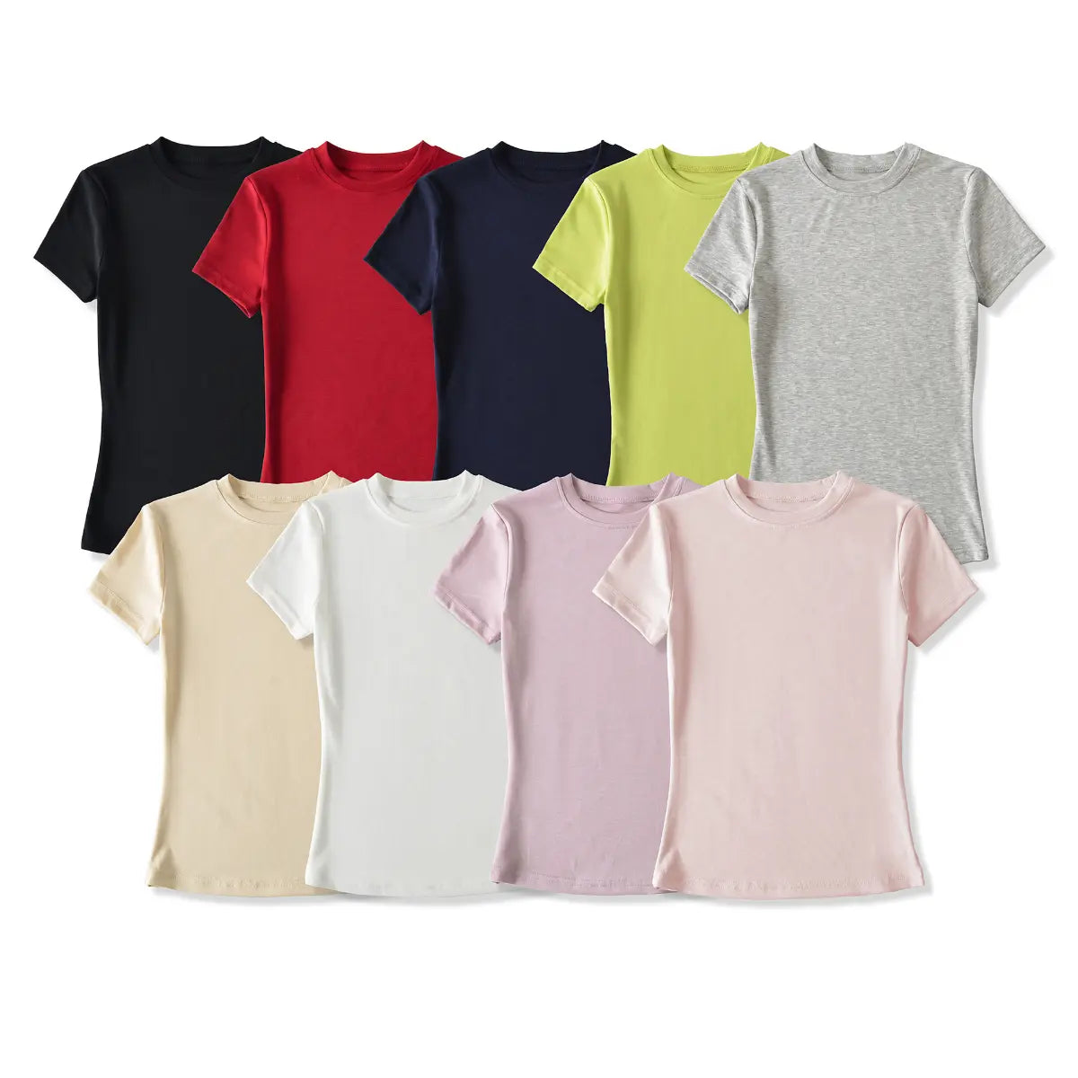Comparison shot of multi-color form-fitting crew-neck ribbed t-shirts on white background