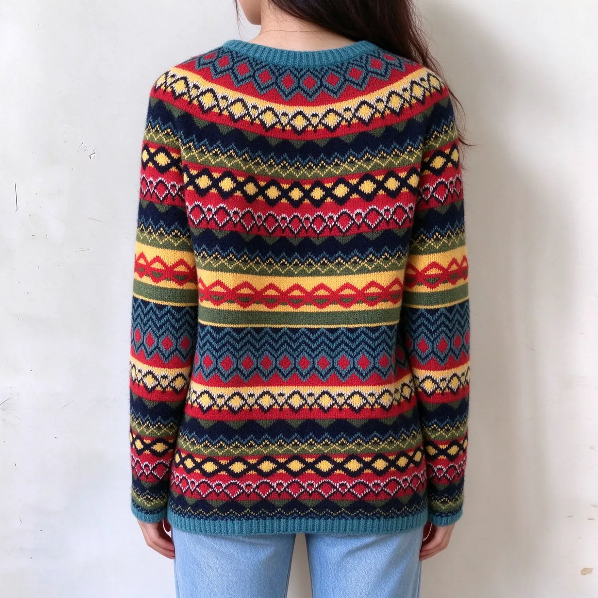 Female model back view, colorful all-over fairisle knit sweater, multi bands of diamond and zigzag jacquard, ribbed neckline and hem