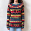 Female model wears vibrant multicolor striped fairisle sweater, full body geometric jacquard pattern, crew neck long sleeve knit pullover