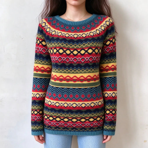 Female model wears vibrant multicolor striped fairisle sweater, full body geometric jacquard pattern, crew neck long sleeve knit pullover