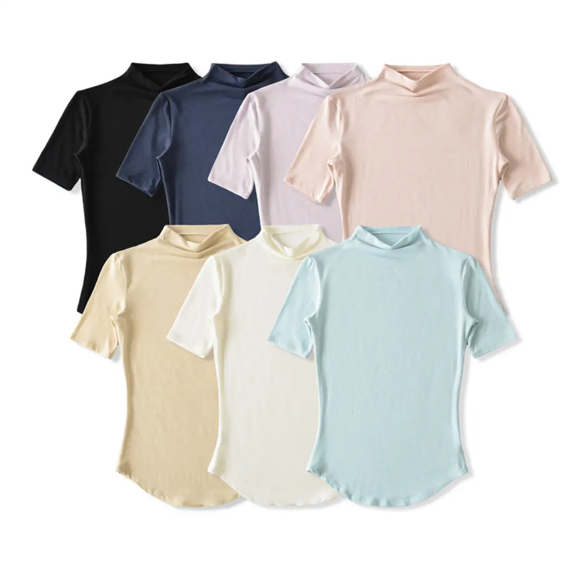 Comparison shot of multi-color form-fitting half-turtleneck ribbed tops on white background