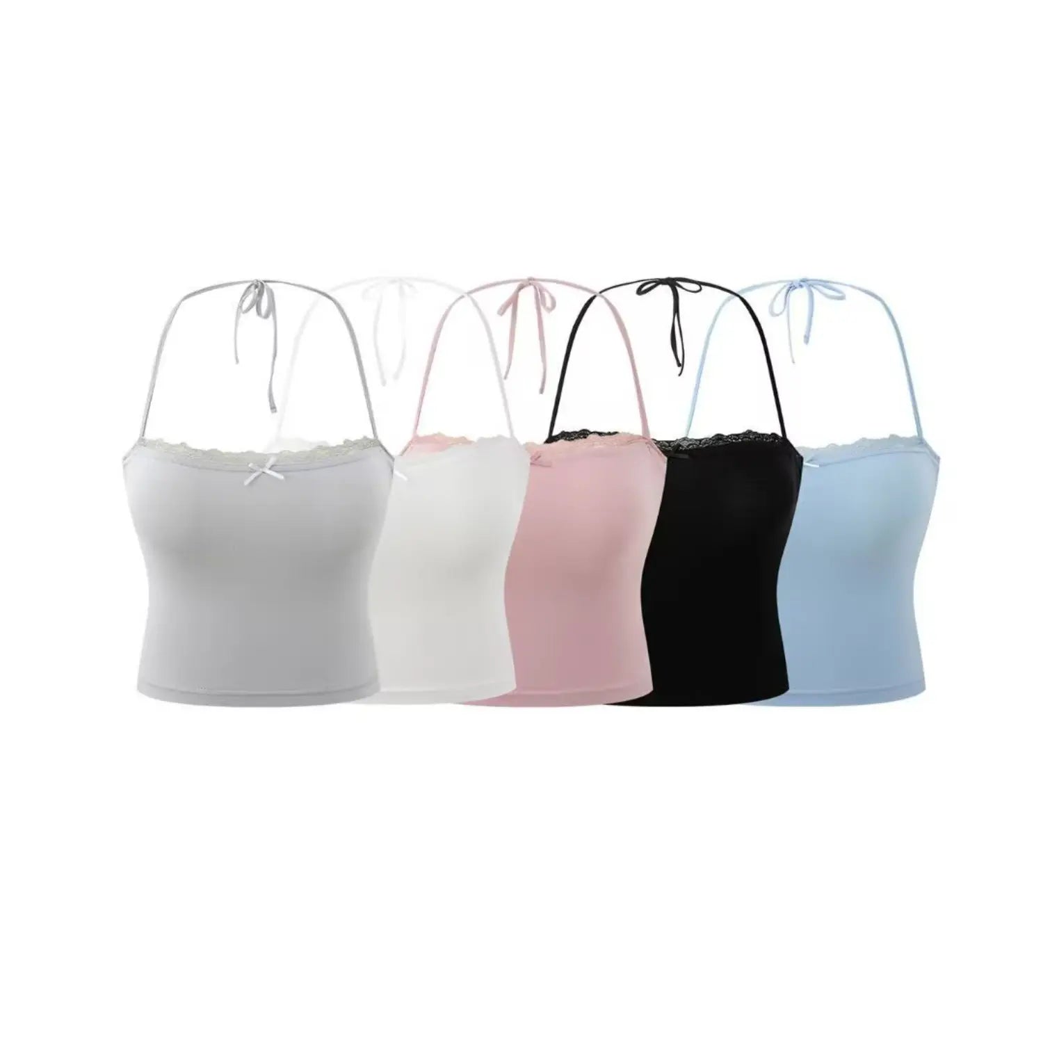 Product group shot five colors halter crop camisole lace neckline bow detail white background
