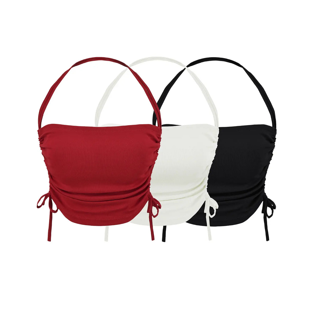 Red white black three‑color halter ruched side‑tie crop tank top set flat lay