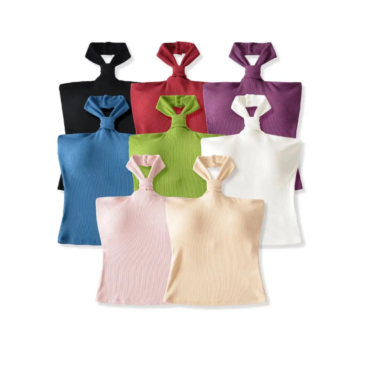 Flat lay view of halter tops in black, red, purple, blue, green, white, pink, and beige, showing the knot detail and ribbed texture.