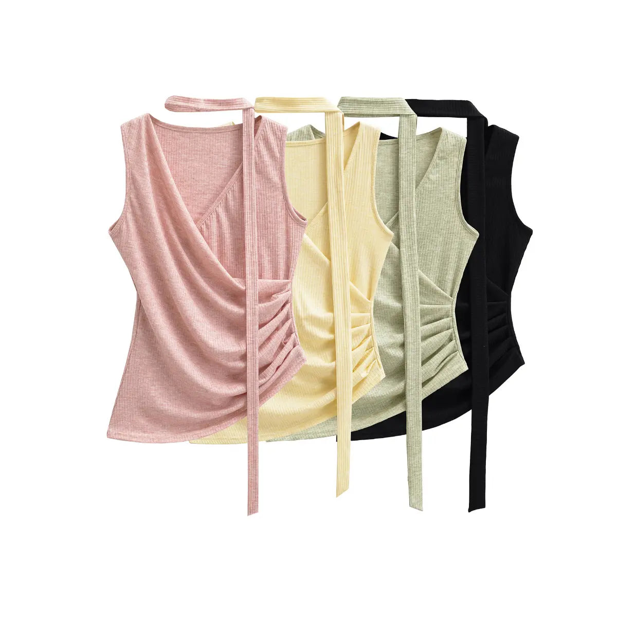 Flat lay view of four halter wrap tops in pink, yellow, sage green, and black, showing the wrap front, choker neckline, and tie strap.