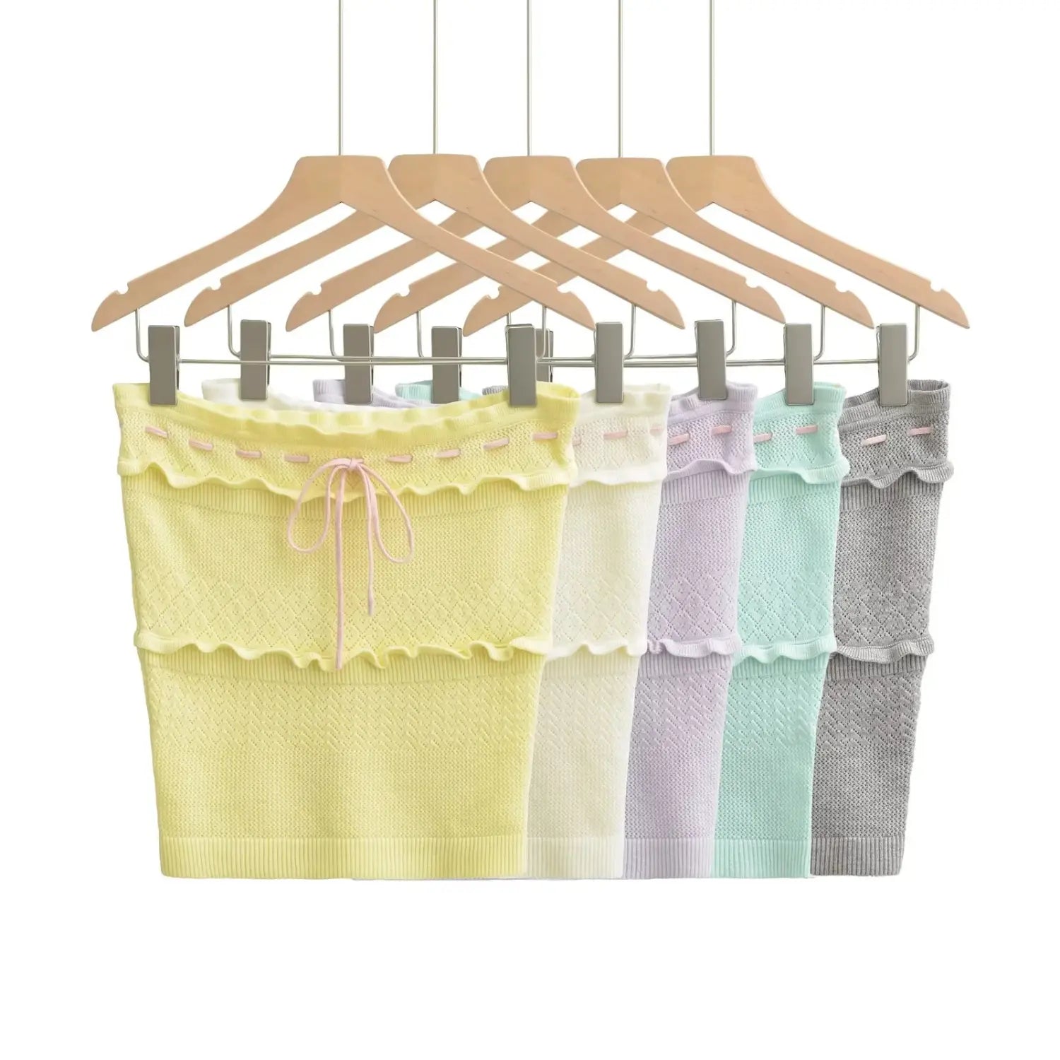 Group flat hanger shot, 5 colors hollow knit strapless tube top, ruffle tier trim, contrast pink drawstring
