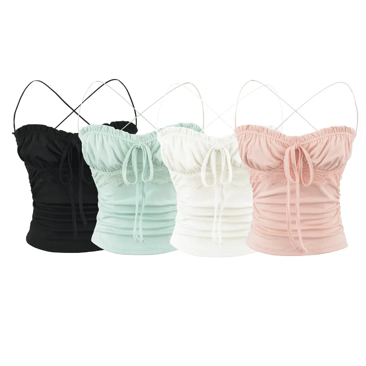 Collection of lace-trim cami tops in black, mint, white and pink, each with drawstring detail and crisscross straps.