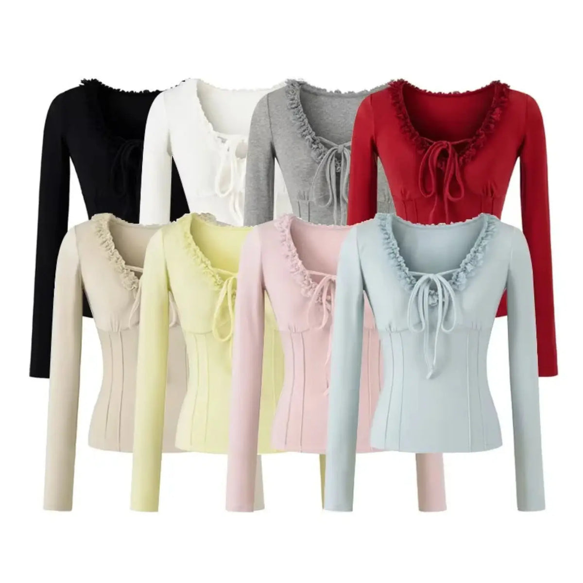 Color chart of women lace ruffle v-neck long sleeve fitted top, 8 colors available, tie front corset seam ribbed knit blouse
Keywords: long sleeve top, ribbed knit top, lace ruffle, v neck top, tie front top, fitted top, corset seam top, women casual top, feminine blouse, slim fit shirt, sweet style top, spring autumn top, soft knit top, cropped top, everyday wear top, frill neck top