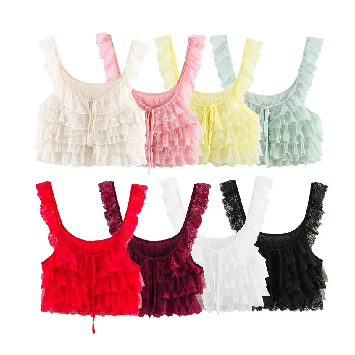 Product shot showing all color variants of the layered lace ruffle camisole, including cream, white, yellow, pink, mint green, red, burgundy, and black.