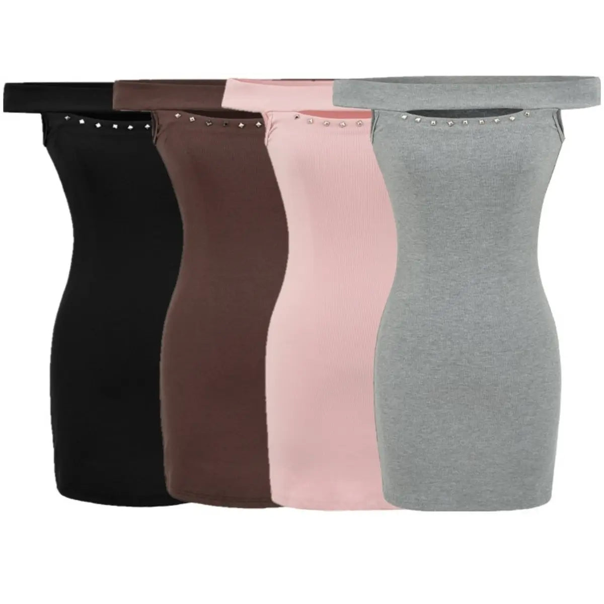 Four-color flat view of off-shoulder ribbed dresses in black, brown, pink, and grey, all with stud accents.