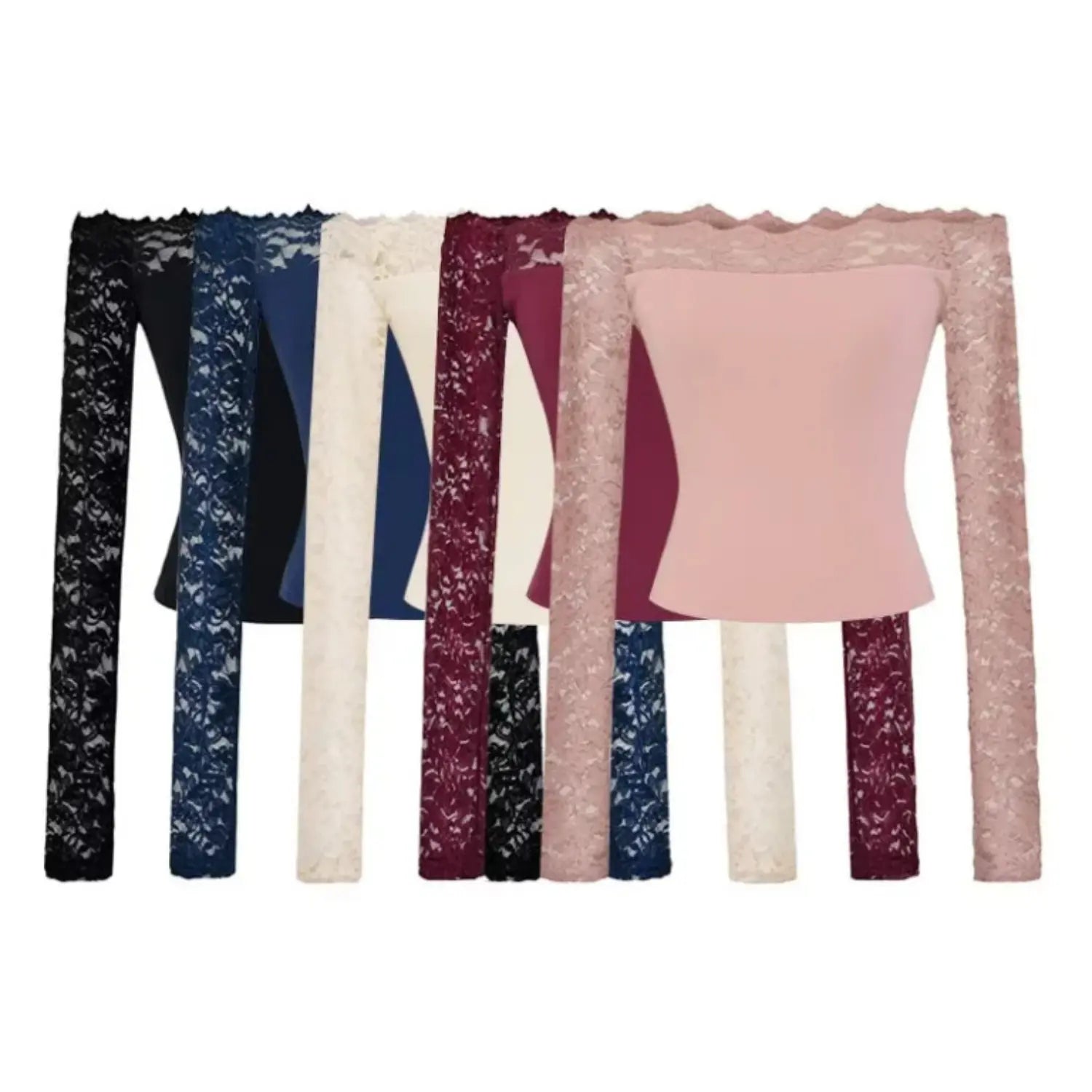 Multi‑color group display for off‑shoulder floral lace long sleeve cropped tops, all available color options