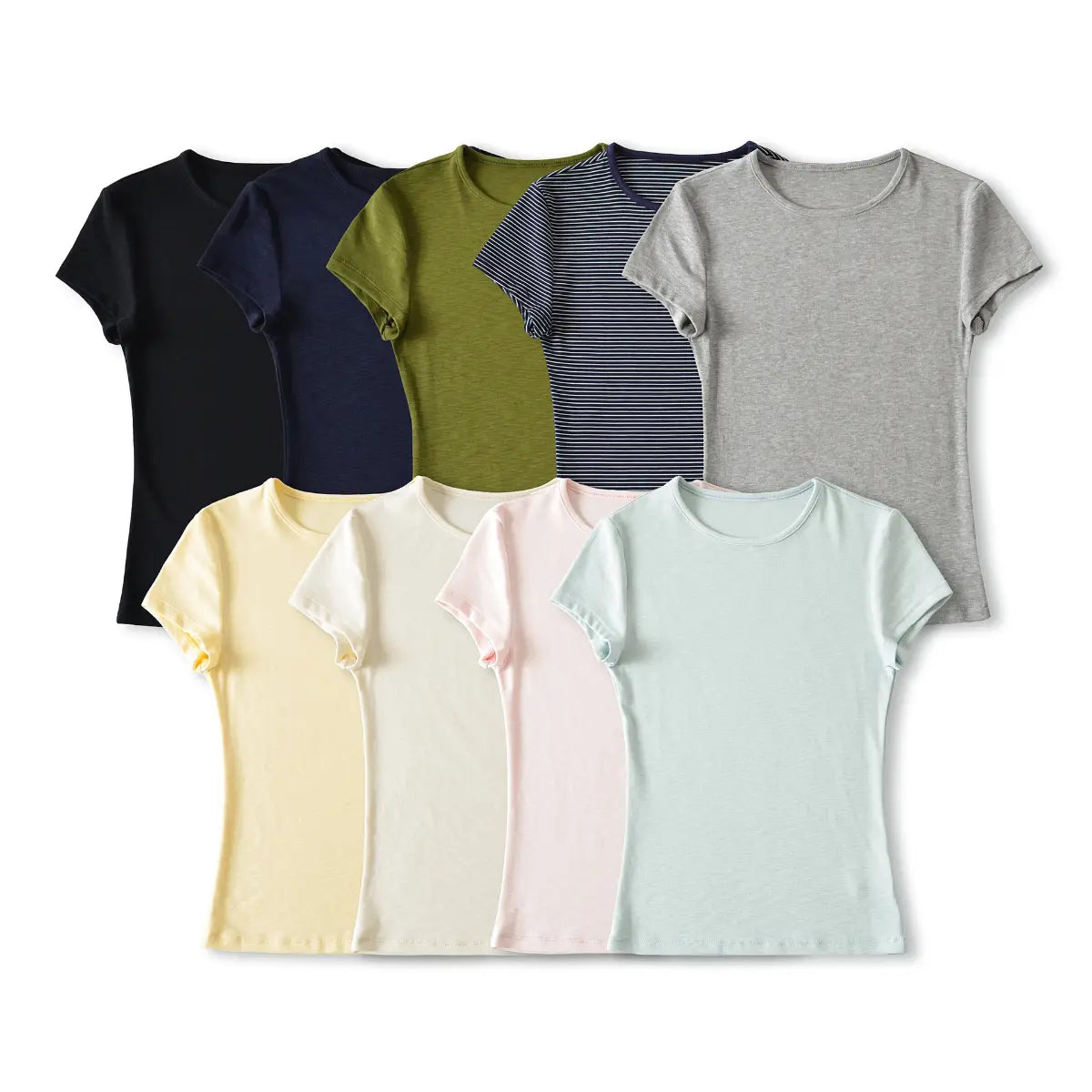 Comparison shot of multi-color form-fitting ribbed crew-neck short-sleeve t-shirts on white background