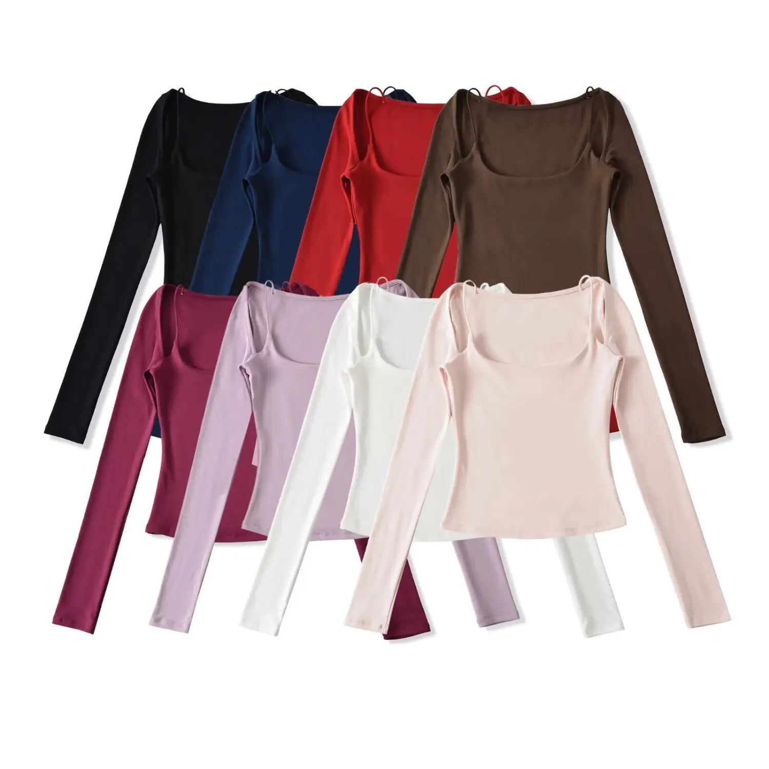 Multi color spaghetti strap fake two piece off shoulder long sleeve top group flat white lay, full color display square cold shoulder slim cropped stretch knit top main product shot