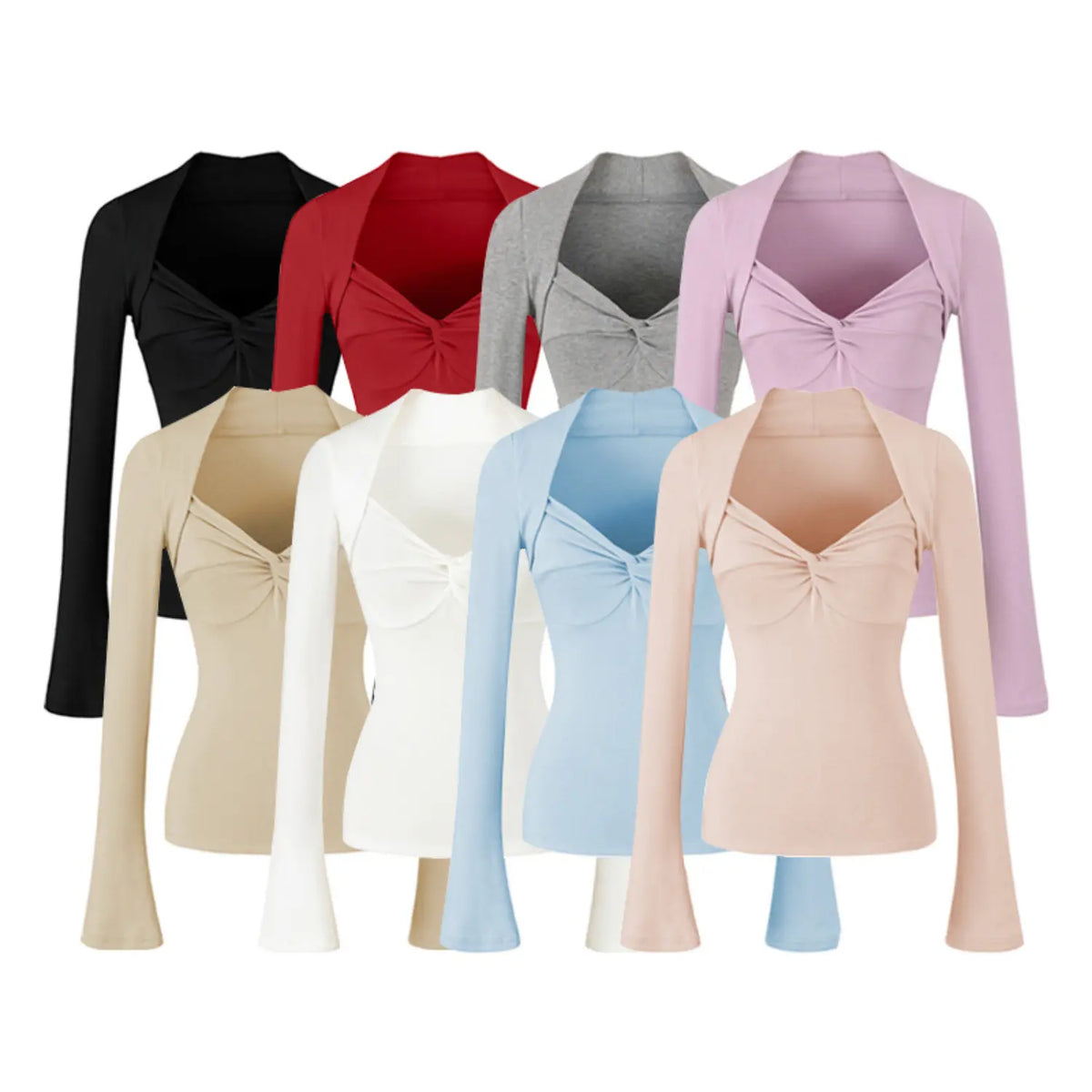 Women twist front long sleeve top in 8 colors, square halter neck, slim fit, flare cuff, solid stretch knit shirt