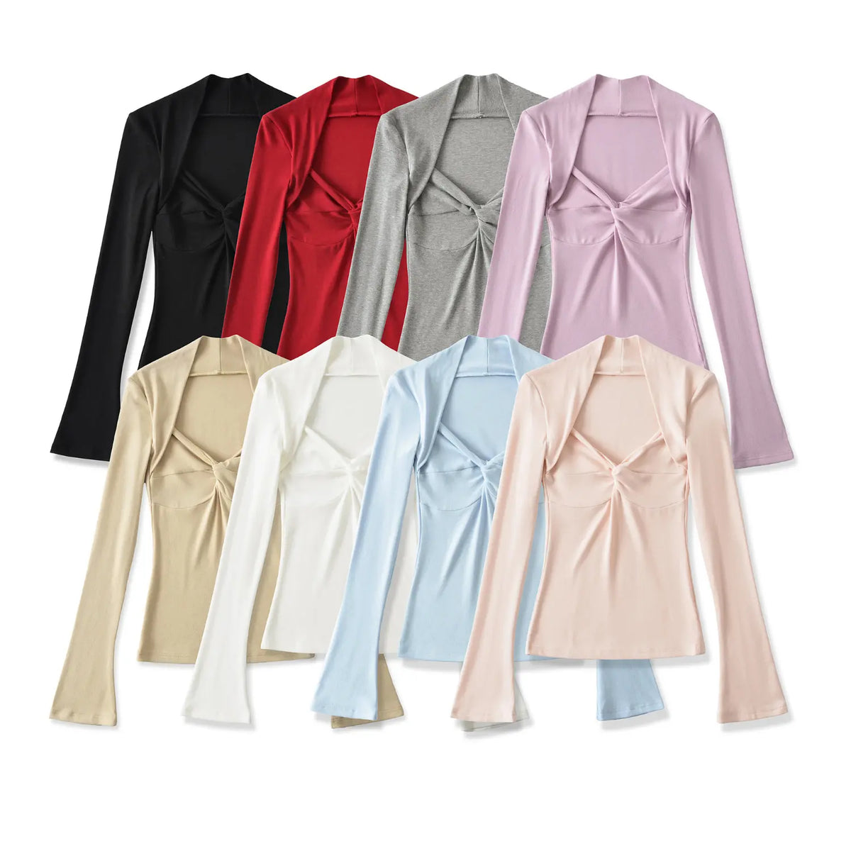 Flat lay shot of women halter long sleeve top, multiple solid color options, twisted bust design, fitted silhouette