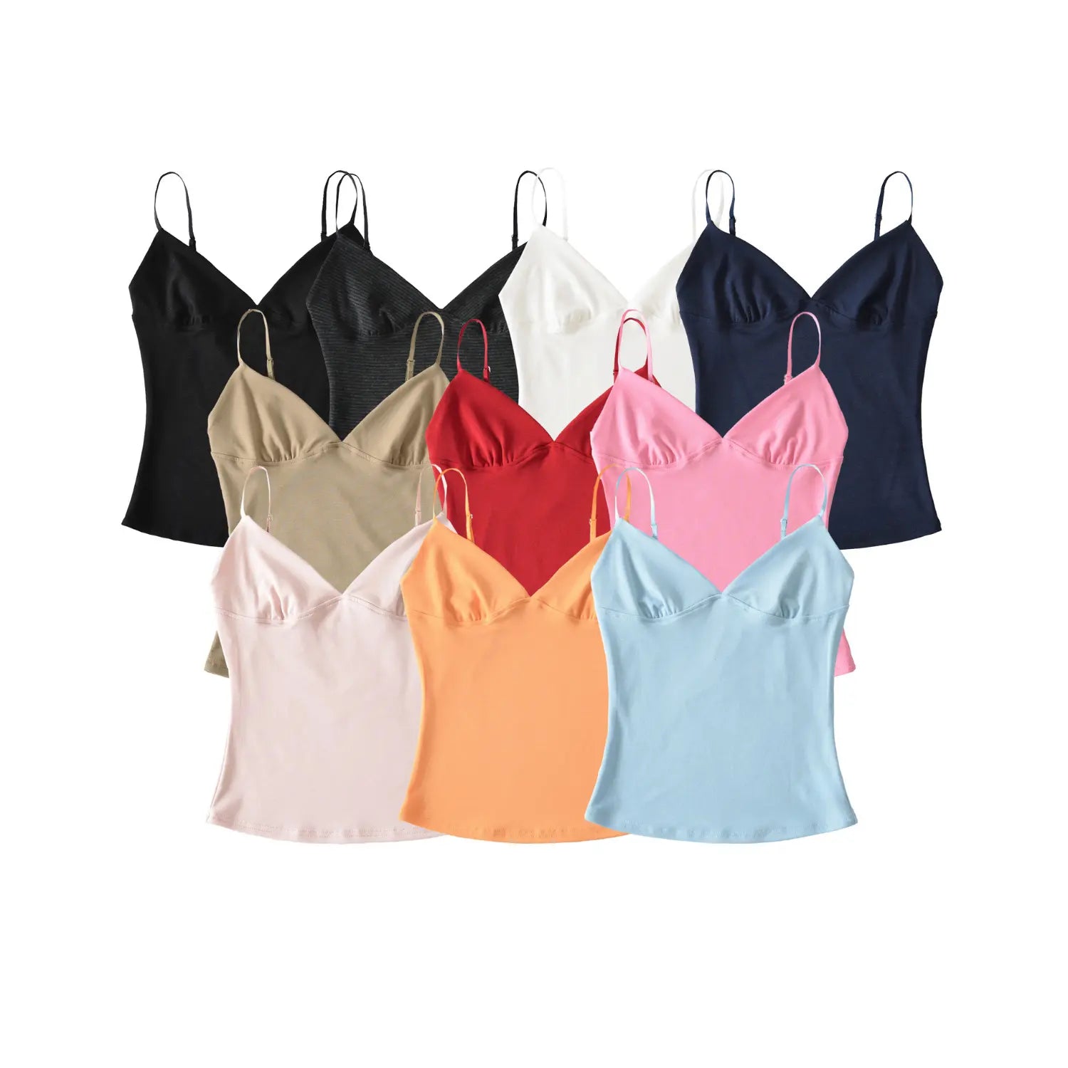 Flat lay color collection shot of women deep V ribbed cami tank tops with adjustable thin spaghetti straps, 9 neutral and bright colorways solid bodycon inner singlet