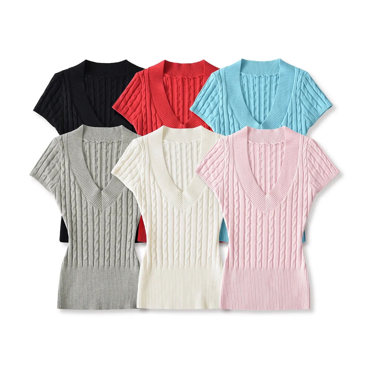 Group flat lay of multi‑color v‑neck cable knit short sleeve fitted women tops