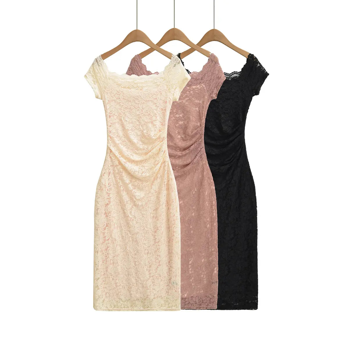 Three color options lace bodycon maxi dress hanging on wooden hanger