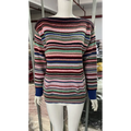 White mannequin front display multicolor horizontal stripe knit sweater, boat neck, loose long sleeve striped pullover