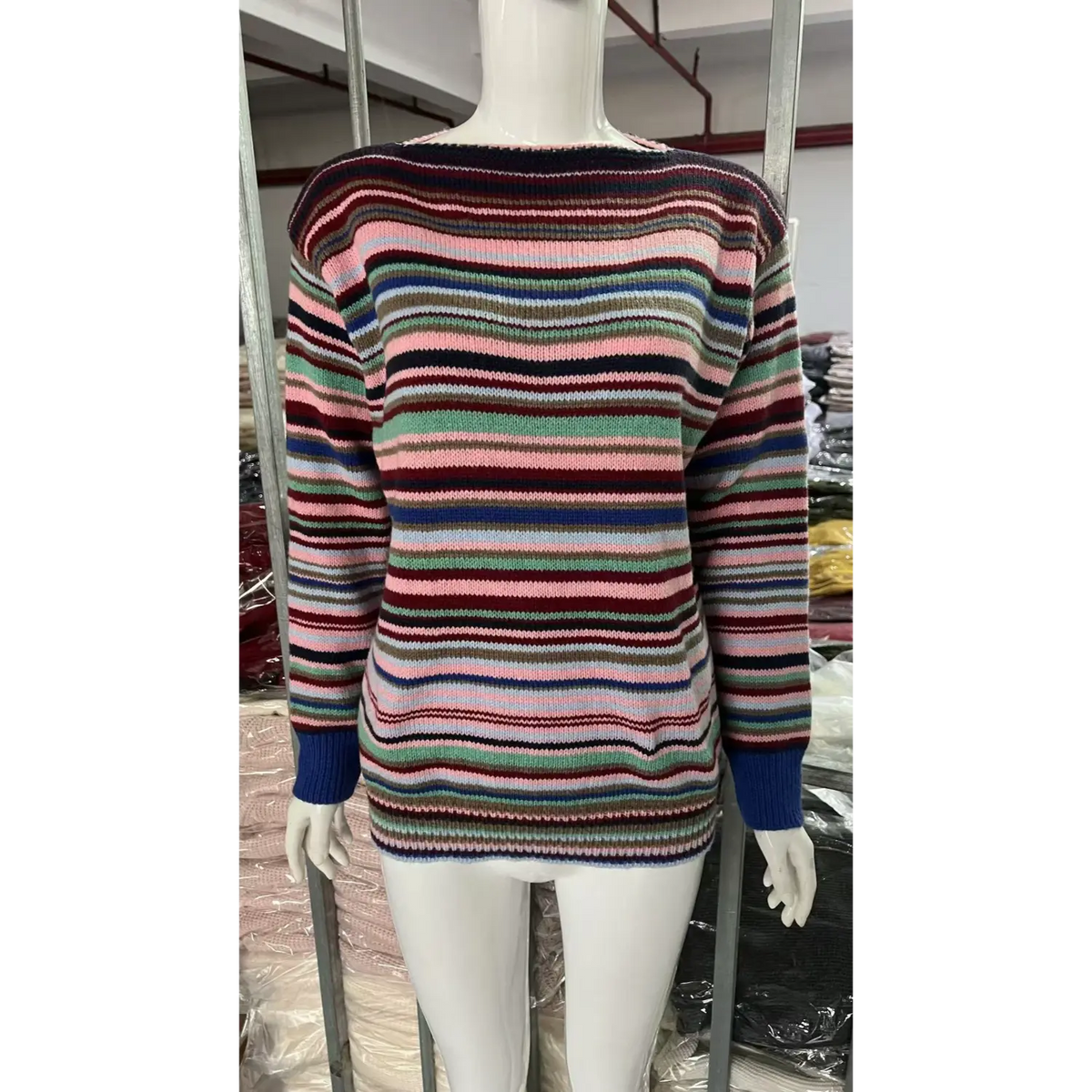 White mannequin front display multicolor horizontal stripe knit sweater, boat neck, loose long sleeve striped pullover
