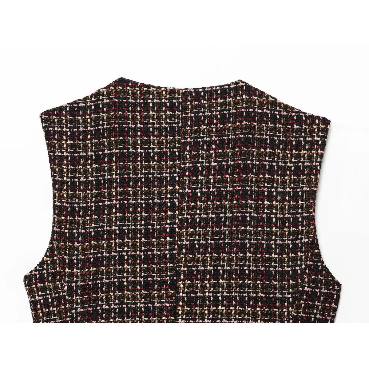 Back view of the multicolor tweed sleeveless tunic, displaying the full checkered pattern without buttons