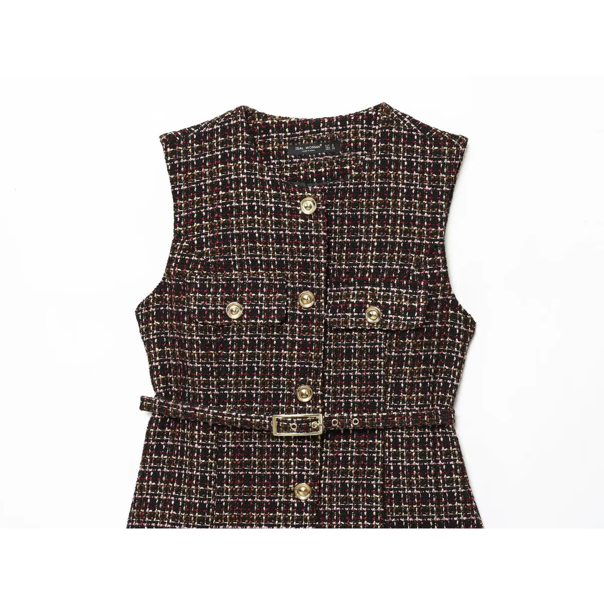 Front view of the multicolor tweed sleeveless tunic, featuring a round neckline, gold buttons, matching belt, and "ZEAL WOMAN" label