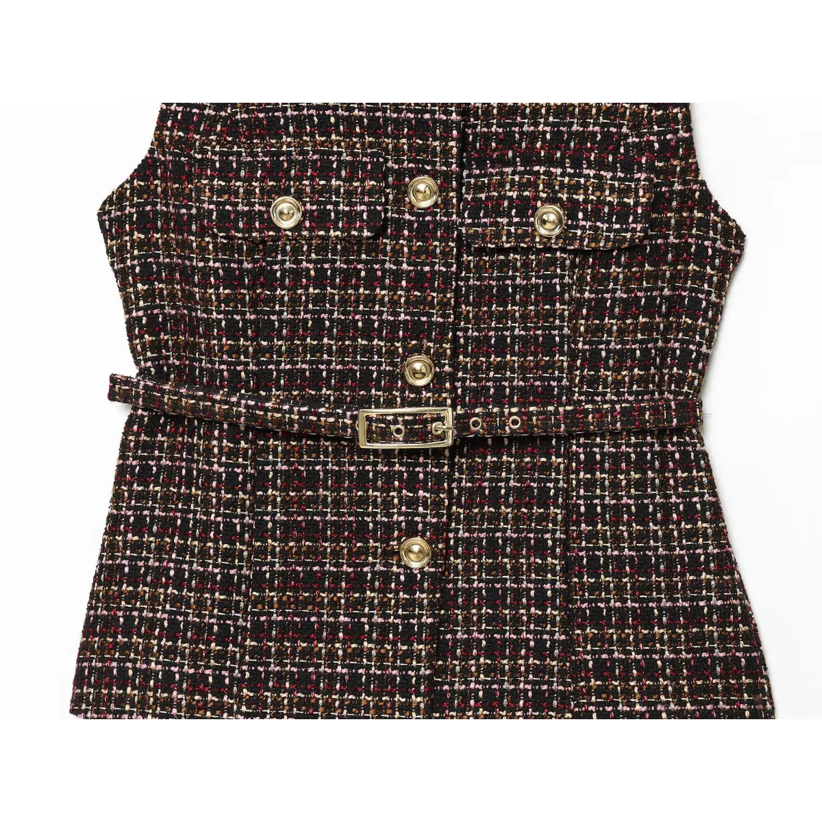 Full front view of the tweed tunic, highlighting the button placket, patch pockets, and belted waist