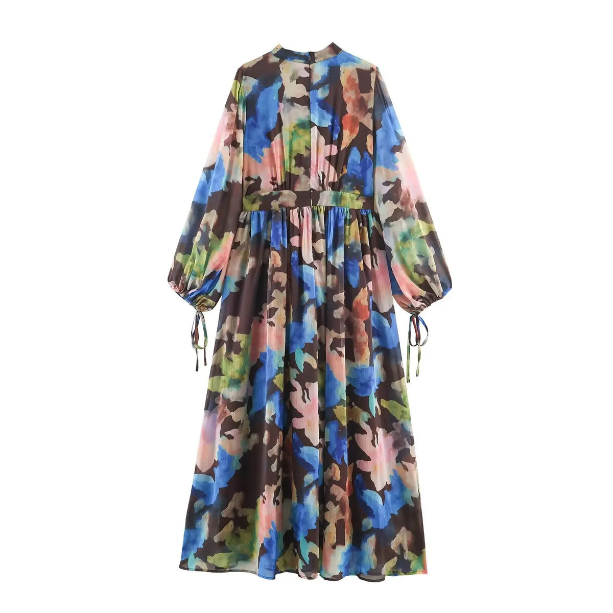 Back view of multicolor watercolor pleated maxi dress, high neck, long balloon sleeves, drawstring cuffs and relaxed long skirt