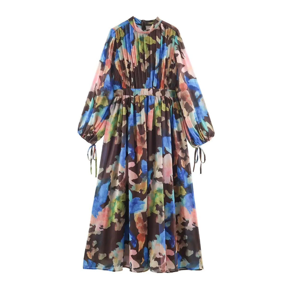 Front view of multicolor watercolor pleated maxi dress, high neck, long balloon sleeves, drawstring cuffs, fitted waist and flowing long skirt