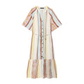 Flat lay front view of multicolor vertical stripe button‑front tie waist ruffle hem maxi dress