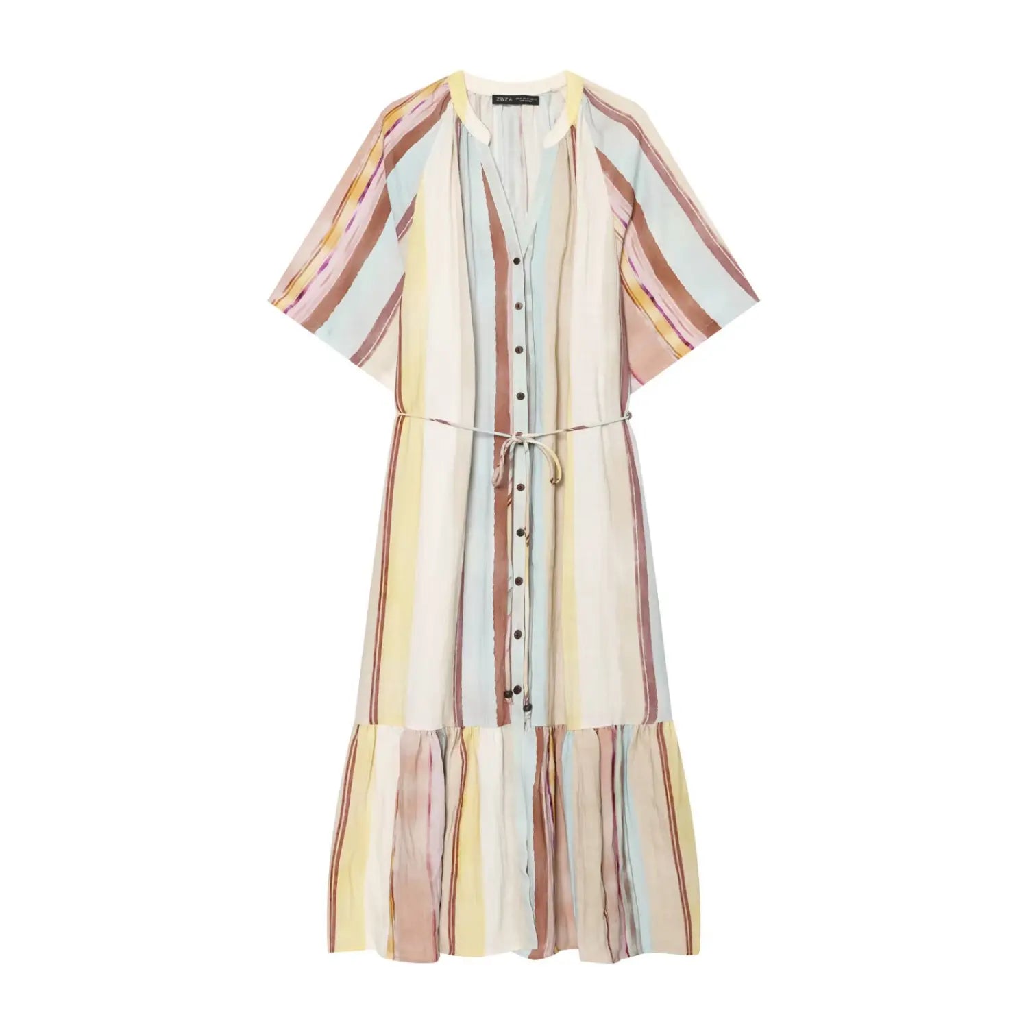 Flat lay front view of multicolor vertical stripe button‑front tie waist ruffle hem maxi dress