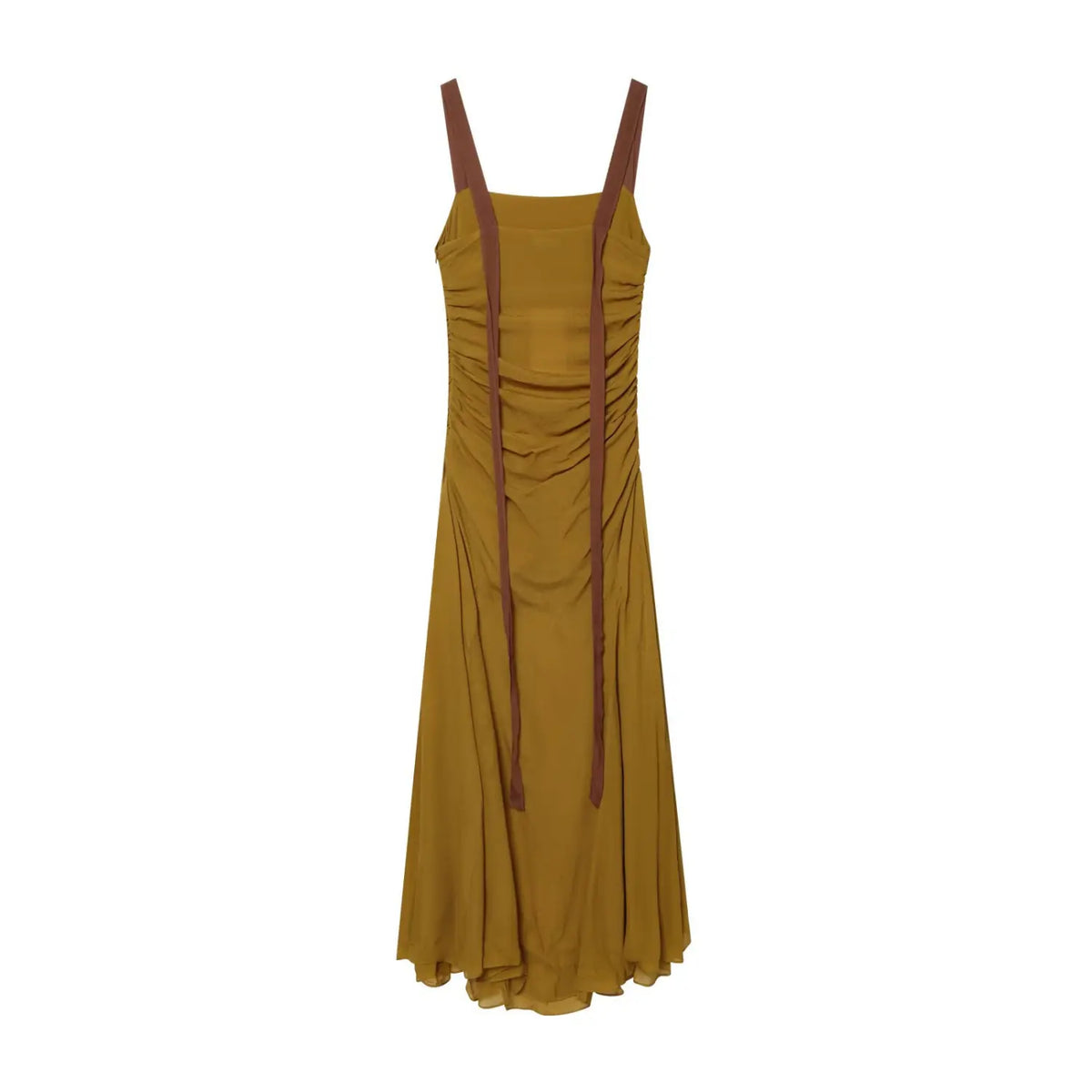 Mustard contrast strap ruched midi dress, back flat lay